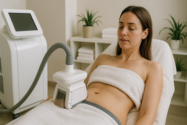 Mulher deitada em maca recebendo criolipólise no abdômen em clínica estética moderna, com ambiente limpo e tons suaves.