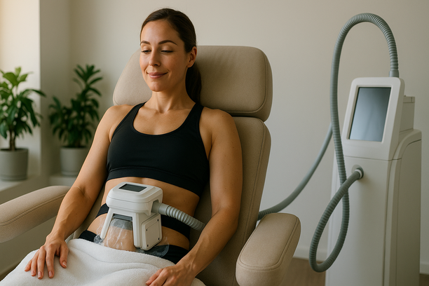 Mulher em clínica estética recebendo criolipólise abdominal em poltrona reclinável, com aparelho acoplado e cobertor branco sobre as pernas, cercada por ambiente minimalista com plantas verdes ao fundo