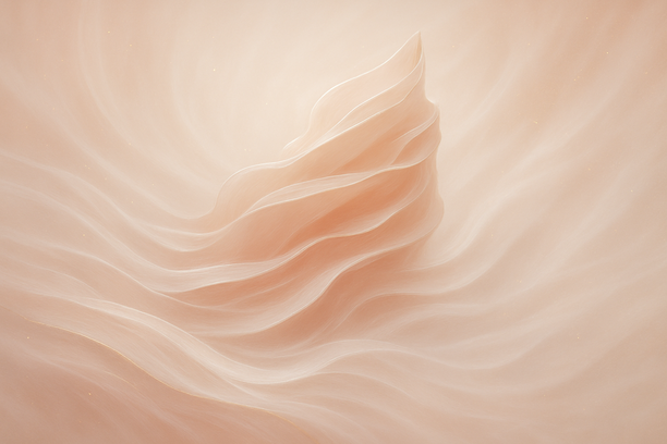 Composição abstrata com camadas orgânicas em tons nude, rosado e dourado sugerindo regeneração dérmica e equilíbrio natural