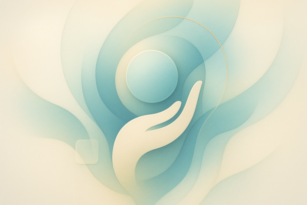 Composição abstrata com formas orgânicas e camadas translúcidas em espiral ascendente, em tons suaves de creme, azul-claro, dourado e verde, sugerindo bem-estar e transformação.