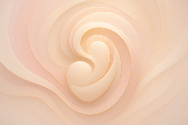 Imagem abstrata com formas orgânicas suaves e espirais fluídas em tons pastel, simbolizando proteção, bem-estar e cuidado personalizado