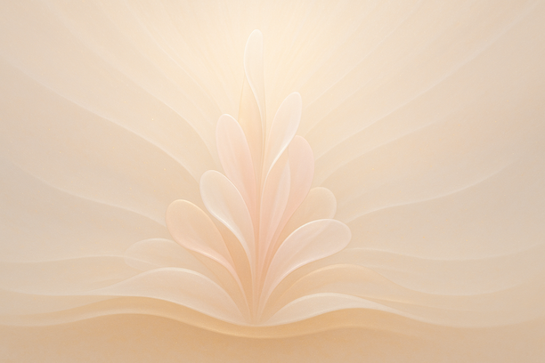 Composição abstrata com formas orgânicas ascendentes e camadas translúcidas, em tons suaves perolados, dourados e rosados, simbolizando rejuvenescimento e renovação gradual.