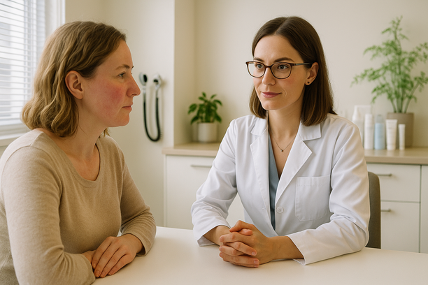 Mulher com rosácea sendo atendida por dermatologista em clínica moderna com bancada organizada e decoração acolhedora