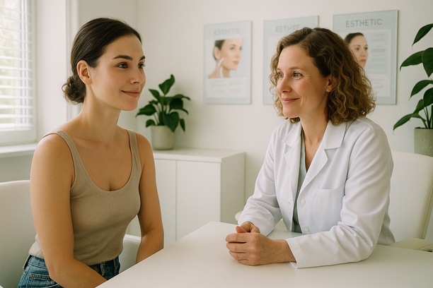 Mulher jovem com pele luminosa sorri levemente enquanto conversa com dermatologista em consultório moderno e minimalista
