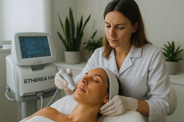Mulher recebe tratamento facial com plataforma Etherea MX por profissional em clínica dermatológica moderna, com equipamento avançado ao lado e ambiente clean ao fundo