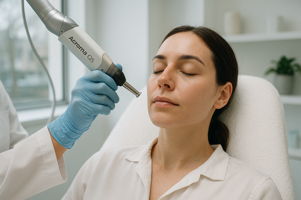 Mulher com expressão serena recebe tratamento facial a laser na região das olheiras em clínica dermatológica, com profissional utilizando luvas e equipamento Acroma QS.