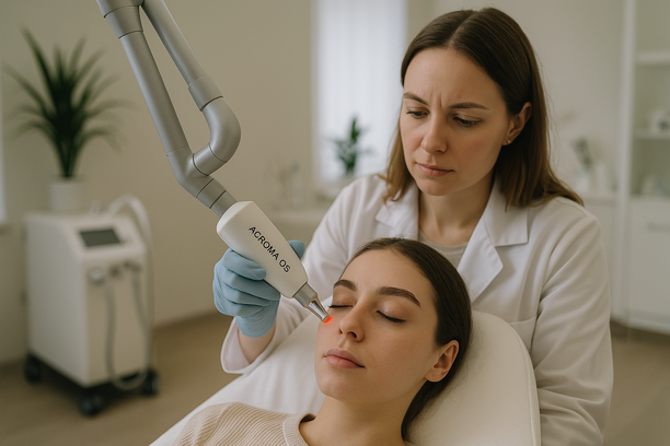 Profissional aplica tratamento a laser com equipamento Acroma QS nas olheiras de uma mulher jovem em clínica estética bem iluminada