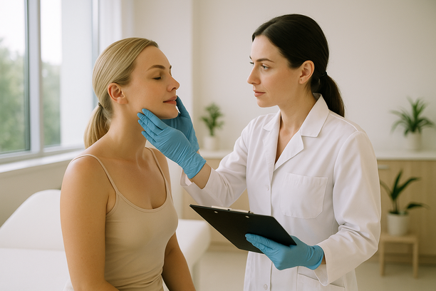 Dermatologista avalia o rosto de uma mulher com pele saudável em clínica moderna e iluminada