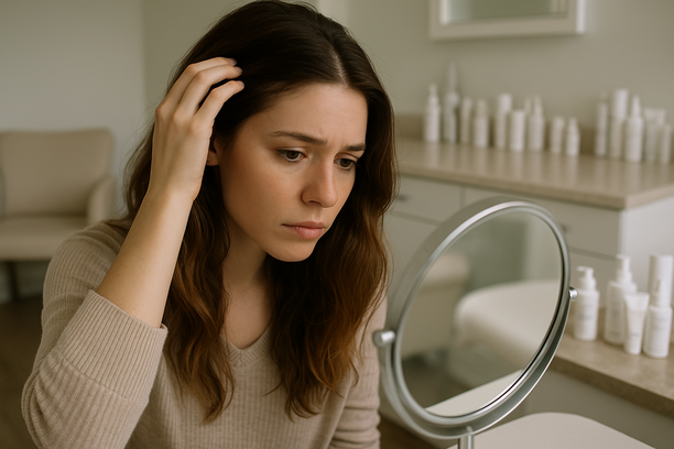 Mulher jovem com expressão preocupada toca o couro cabeludo enquanto observa seu reflexo em um espelho de aumento em uma clínica dermatológica elegante