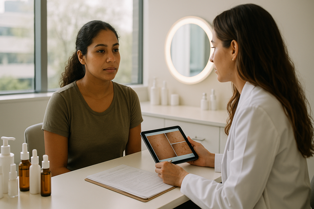 Mulher morena consulta dermatologista em clínica moderna com frascos de dermocosméticos e tablet exibindo imagens da pele