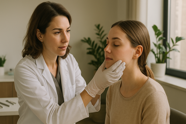 Dermatologista examinando o rosto de uma paciente em clínica moderna com luz suave e ambiente acolhedor