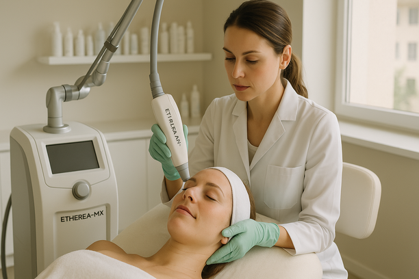 Mulher deitada em maca recebe tratamento facial a laser realizado por dermatologista com jaleco branco em clínica moderna e bem iluminada.