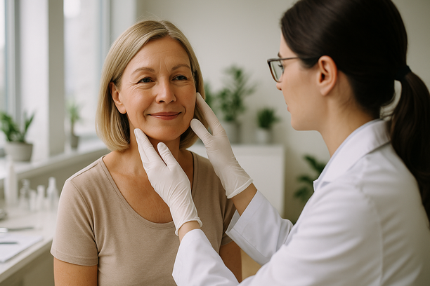 Mulher de meia-idade sorrindo levemente durante avaliação dermatológica realizada por profissional em jaleco branco em clínica moderna e iluminada