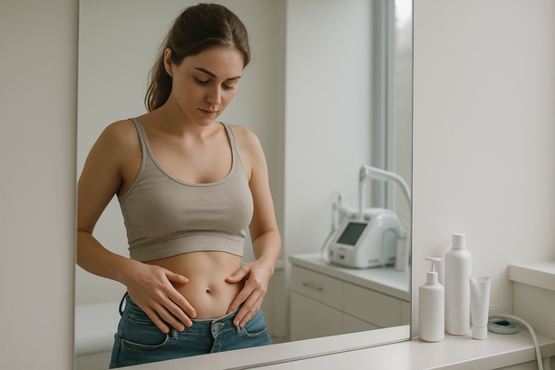 Mulher jovem observando atentamente sua barriga diante de um espelho em consultório dermatológico moderno, com estrias sutis visíveis e ambiente clínico ao fundo.