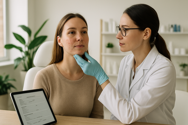 Dermatologista examinando o rosto de uma mulher adulta com acne leve em clínica estética moderna, com toque cuidadoso no queixo e ambiente minimalista ao fundo