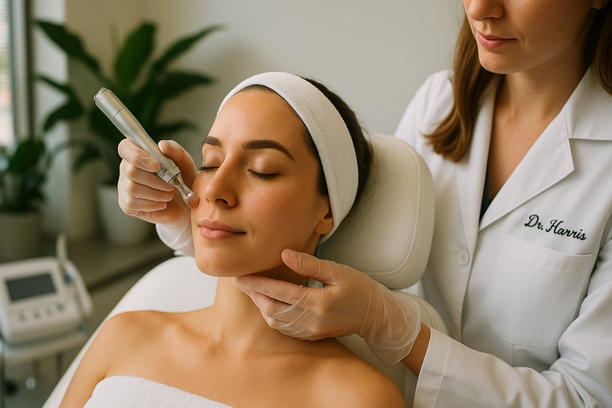 Mulher com expressão serena recebe tratamento de microagulhamento facial nas bochechas por profissional com luvas translúcidas em clínica moderna e bem iluminada.