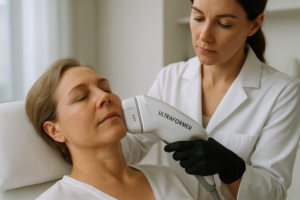 Mulher de meia-idade recebe tratamento facial com aparelho Ultraformer MPT aplicado por profissional com jaleco branco e luvas em clínica estética moderna