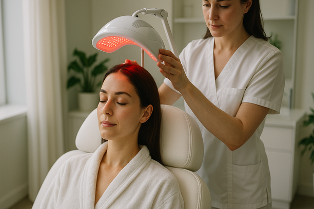 Mulher em cadeira reclinável recebe tratamento com luz LED vermelha no couro cabeludo em clínica estética contemporânea
