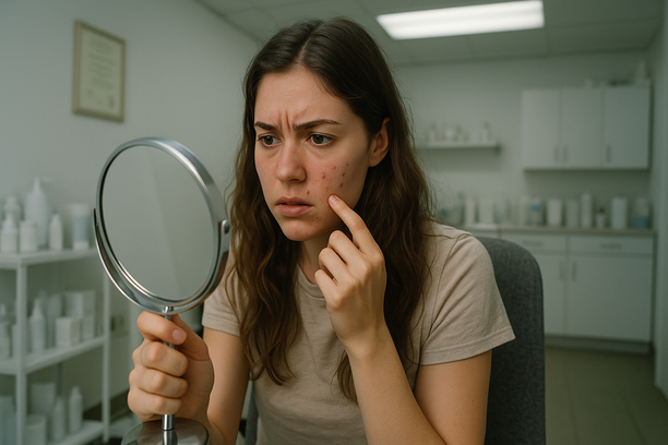 Mulher jovem com expressão preocupada segura espelho de mão enquanto observa manchas vermelhas no rosto em clínica estética simples e mal equipada