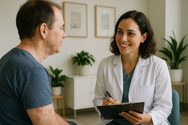 Paciente sentada em clínica dermatológica conversando com médica que segura uma prancheta e sorri de forma acolhedora