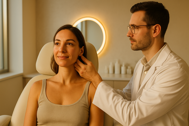Mulher sendo avaliada por profissional da saúde em clínica estética moderna, sentada em cadeira reclinável sob luz dourada, com espelho iluminado e frascos organizados ao fundo