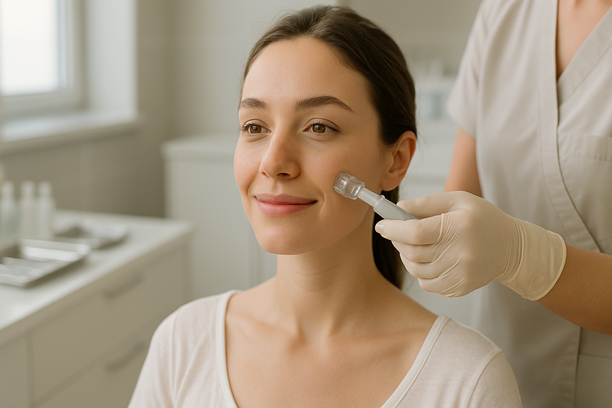 Mulher jovem com pele saudável recebe aplicação de microagulhamento facial por profissional com luvas em consultório dermatológico moderno.