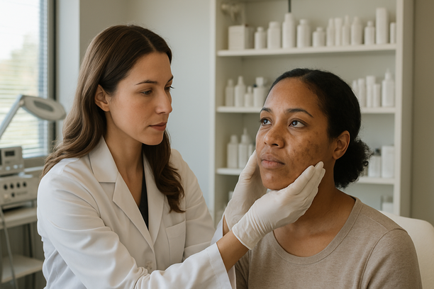 Dermatologista examinando o rosto de uma paciente com manchas escuras em consultório bem iluminado e moderno