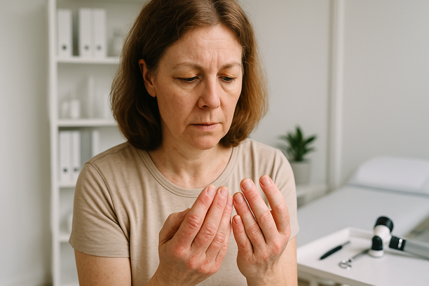 Mulher de meia-idade examina atentamente as unhas das mãos em consultório dermatológico moderno, com sinais visíveis de micose e instrumentos médicos ao fundo.