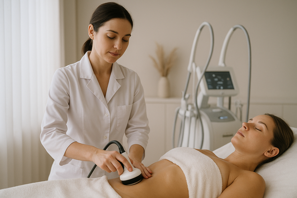 Profissional da estética realiza remodelação corporal em paciente deitada em maca, em clínica moderna com iluminação suave e equipamentos ao fundo