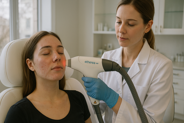 Dermatologista aplica laser facial com equipamento Etherea MX no rosto de uma jovem com acne leve, em clínica estética bem iluminada