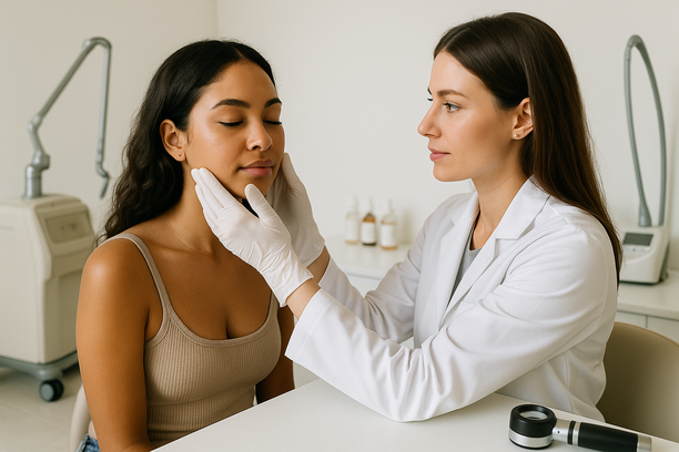 Dermatologista examinando cuidadosamente o rosto de uma jovem mulher em clínica moderna e bem iluminada, com equipamentos dermatológicos ao fundo