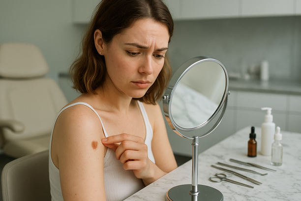 Mulher jovem analisa uma mancha no ombro usando um espelho de aumento em consultório dermatológico moderno