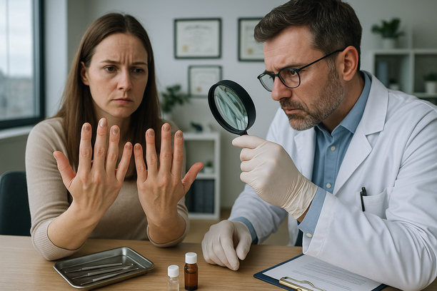 Dermatologista examinando unhas danificadas de uma mulher com auxílio de uma lupa em um consultório moderno e bem iluminado