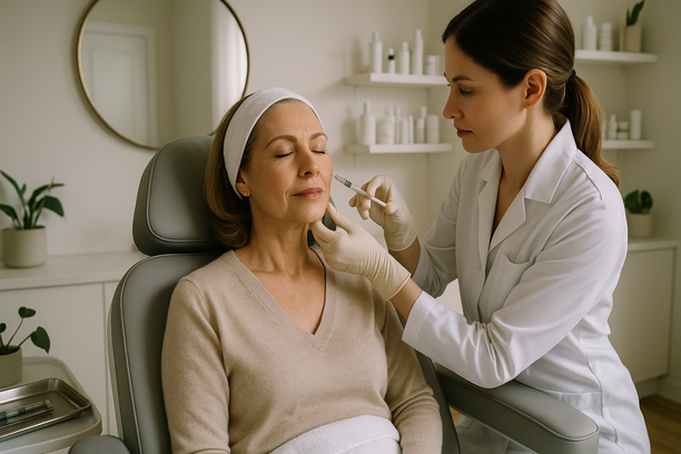 Profissional aplica preenchimento facial com seringa em mulher de meia-idade sentada em cadeira reclinável em clínica estética bem iluminada