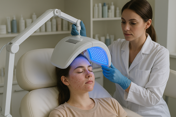 Mulher jovem com acne leve a moderada recebe tratamento com luz azul de LED no rosto em clínica dermatológica moderna, com profissional de jaleco e luvas ao lado e prateleiras com produtos ao fundo.