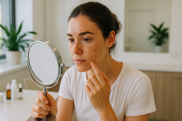 Mulher jovem com manchas no rosto examinando sua pele em espelho de aumento dentro de clínica dermatológica moderna