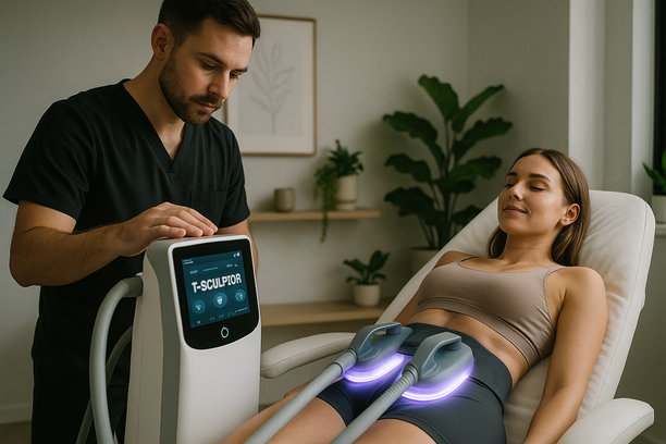 Profissional de estética usando dispositivo T-Sculptor em clínica moderna com cliente relaxando na maca