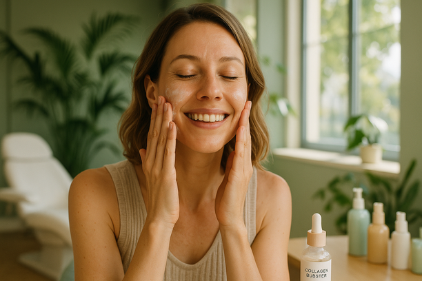 Uma mulher sorridente aplicando um bioestimulador de colágeno no rosto em um elegante salão de estética com luz natural.