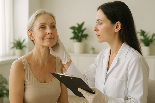 Mulher madura sendo avaliada por médica dermatologista em clínica estética clara e bem decorada, com clipboard e plantas ao fundo