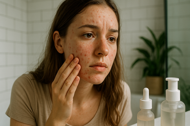 Jovem mulher com acne leve examinando seu rosto em um espelho em um banheiro moderno, cercada por produtos de cuidados com a pele.