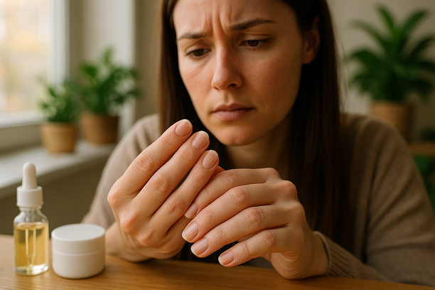 Mulher jovem observa suas unhas fracas com expressão de preocupação, cercada por produtos de cuidados para unhas em um ambiente acolhedor.