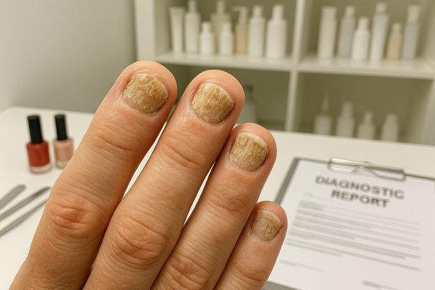 Unhas afetadas por micose exibindo descamação e descoloração em um consultório dermatológico.