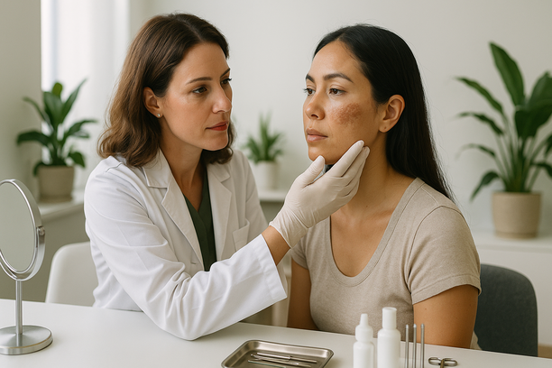 Dermatologista examinando a pele de uma paciente com melasma em consultório iluminado, com detalhes como espelho de maquiagem e instrumentos organizados.