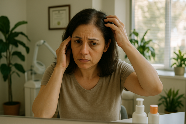 Mulher em consultório de dermatologia em Santo André, olhando-se no espelho e tocando os cabelos preocupada com a queda.