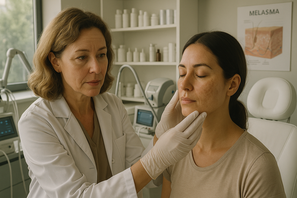 Uma dermatologista de meia-idade analisa a pele de uma paciente em um consultório moderno, com luz suave da manhã e equipamentos de diagnóstico ao fundo.