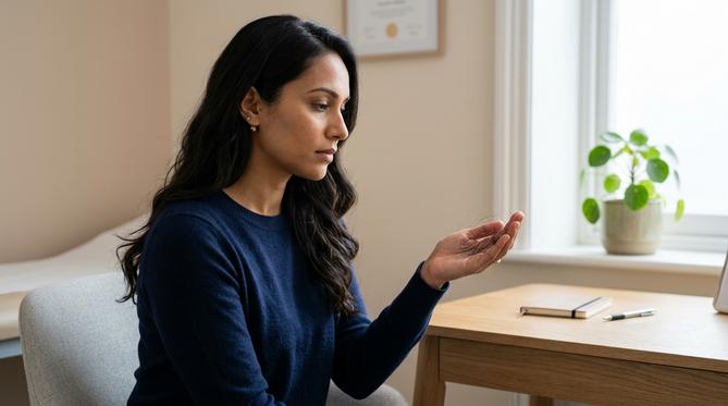 Mulher com expressão pensativa observa cabelo caído na mão em consultório médico estético.