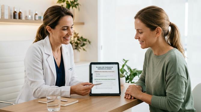 Dermatologista e paciente analisando plano de cuidados individualizado em tablet em consultório médico moderno e clean.