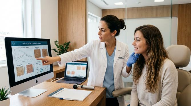 Dermatologista examina a pele facial de uma paciente em consultório moderno, mostrando análise dérmica personalizada em monitor.