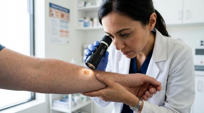 Close-up de dermatologista examinando uma lesão na pele do braço de um paciente com um dermatoscópio para um diagnóstico preciso.