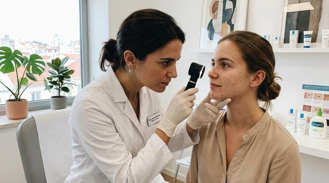 Dermatologista feminina examinando detalhadamente a pele do rosto de uma paciente jovem com um dermatoscópio em um consultório moderno e iluminado naturalmente.